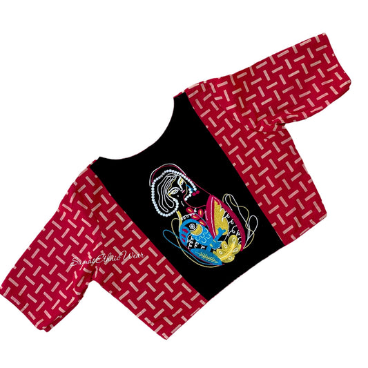 Red,Black Block Print Embroidered Blouse