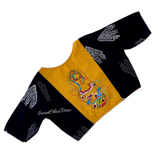 Black Block Print Embroidered Blouse