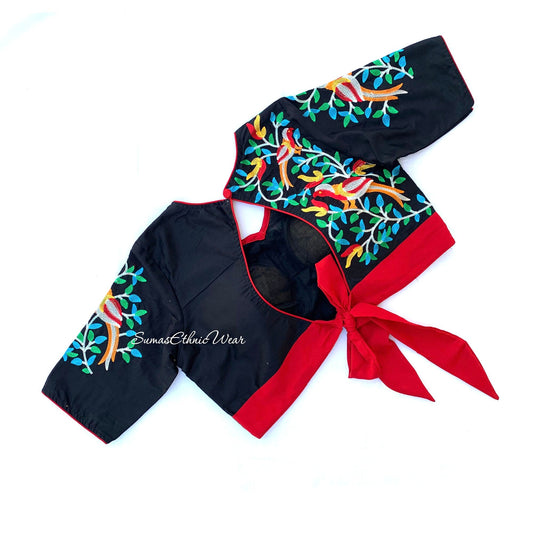 BlackCotton Keyhole Embroidered Blouse