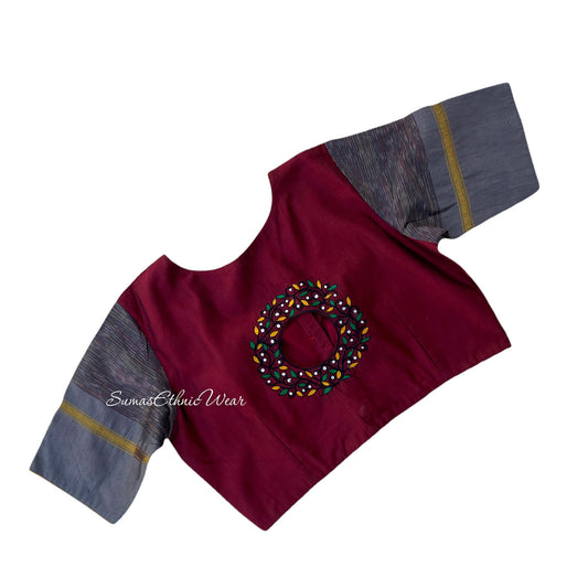 Size 36/42 Maroon Gray Round Keyhole Embroidered handloom Pattu Blouse | SumasEthnicWear