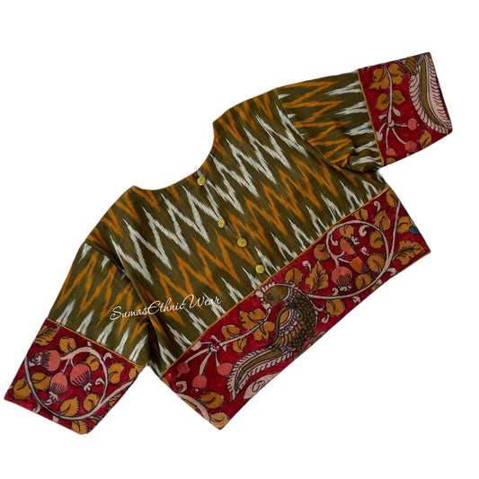 Green Red Ikat Cotton Kalamkari Applique Blouse
