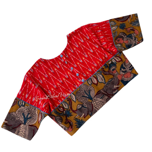 Red Yellow Cotton Ikat Kalamkari Applique Blouse