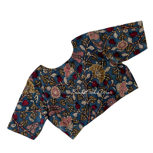 Blue Silk Kalamkari Sequin Embroidered blouse