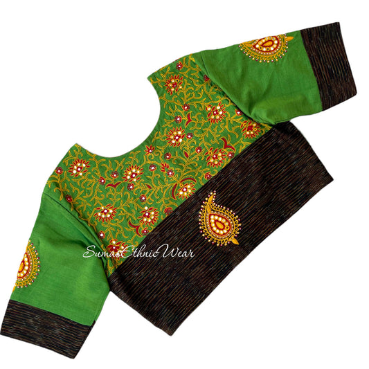 Black Green Mangalagiri Pattu Embroidered blouse