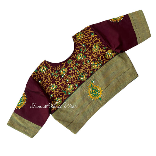 Maroon Green Mangalagiri Pattu Embroidered Blouse