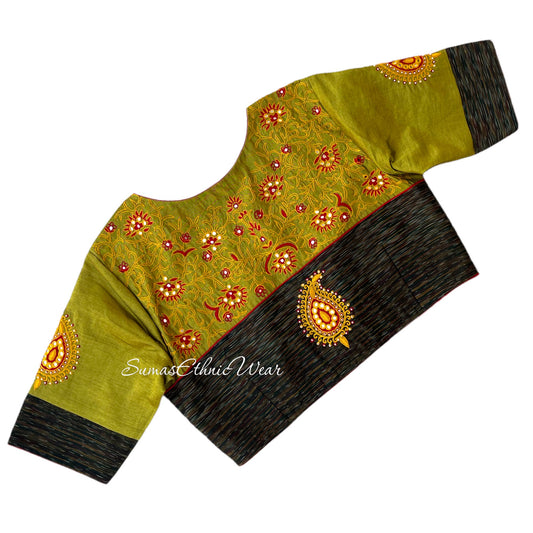 Olive Green Black Pattu Embroidered Blouse