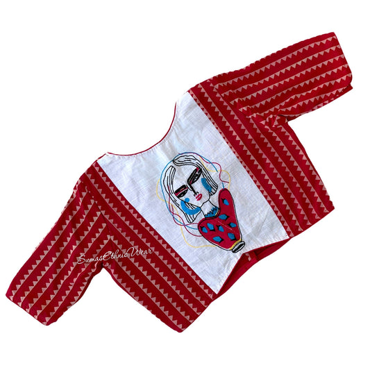 Red,White Block Print Embroidered Blouse