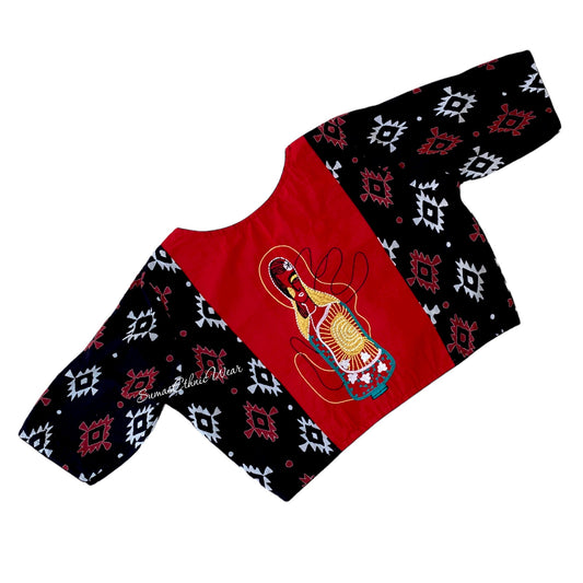 Black Red Block Print Embroidered Blouse