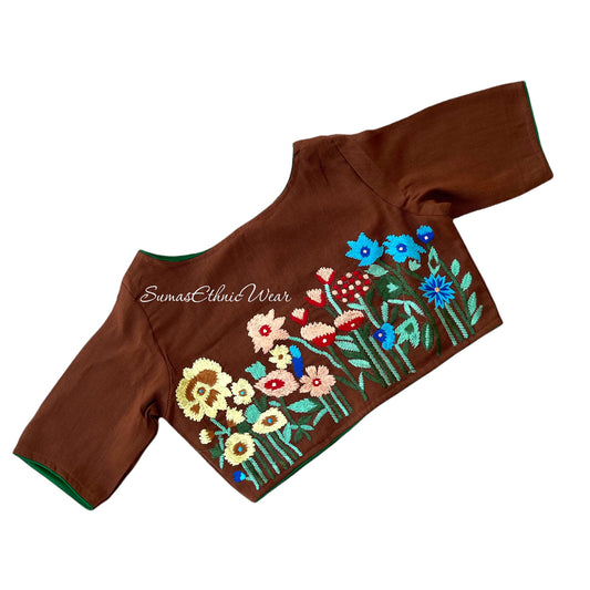 Brownish Net Cotton Floral Embroidered Blouse