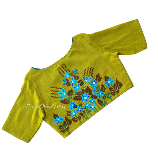 Olive Green Cotton Net Embroidered Blouse