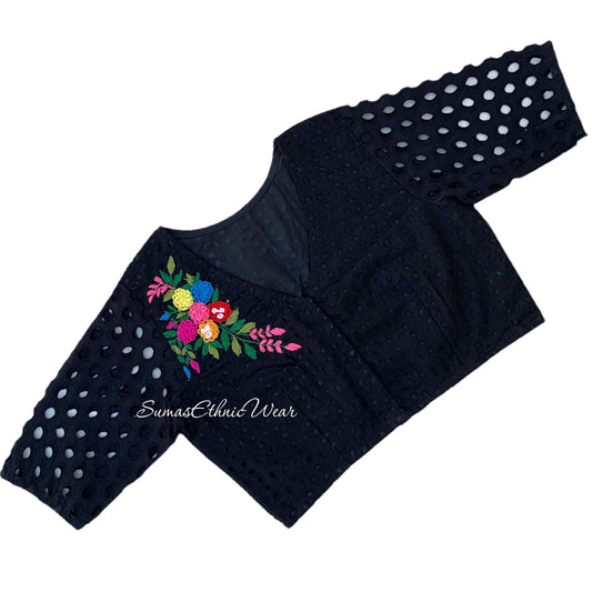 Black Cotton Hakoba Floral Embroidered Blouse