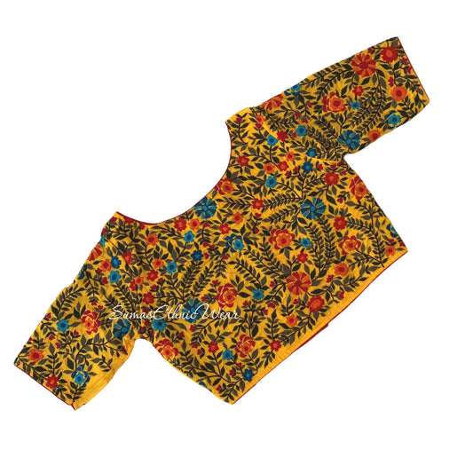 Yellow Red Cotton Floral Embroidered Blouse