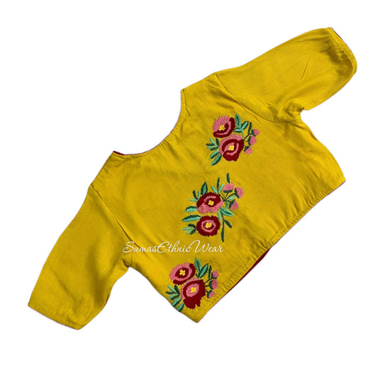 Yellow Net Cotton Flower Embroidered Blouse