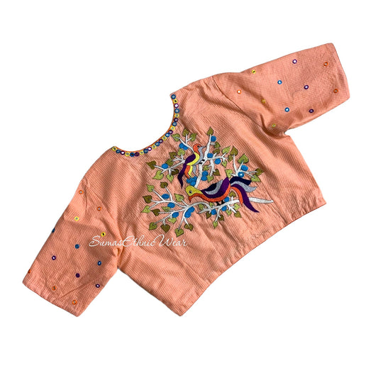 Orange Tussar Silk Blouse with Mirror Work Sleeves