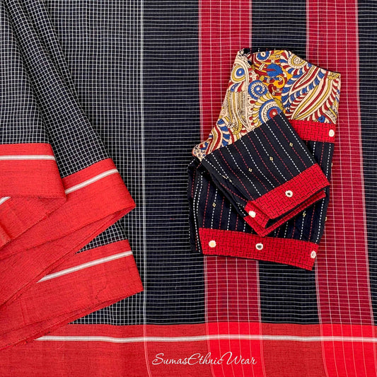 Handloom Cotton Black, Checks ilkal Saree | SumasEthnicWear