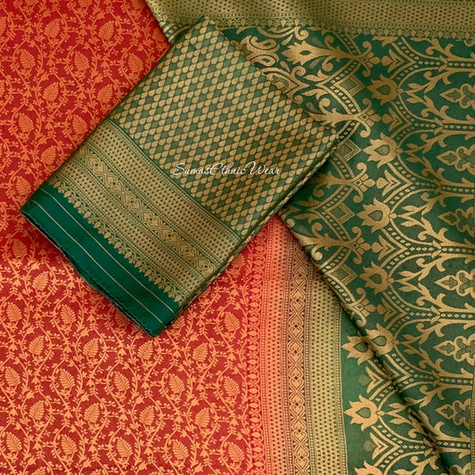 Red Green Banarasi Soft Silk Cotton Saree