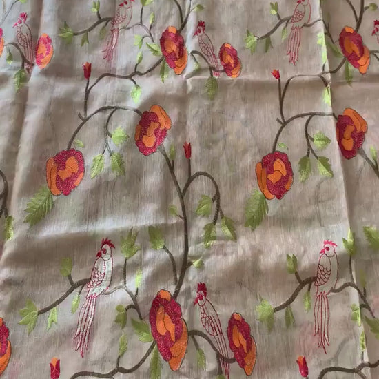 Wheat Cream Linen Silk Embroidered Saree