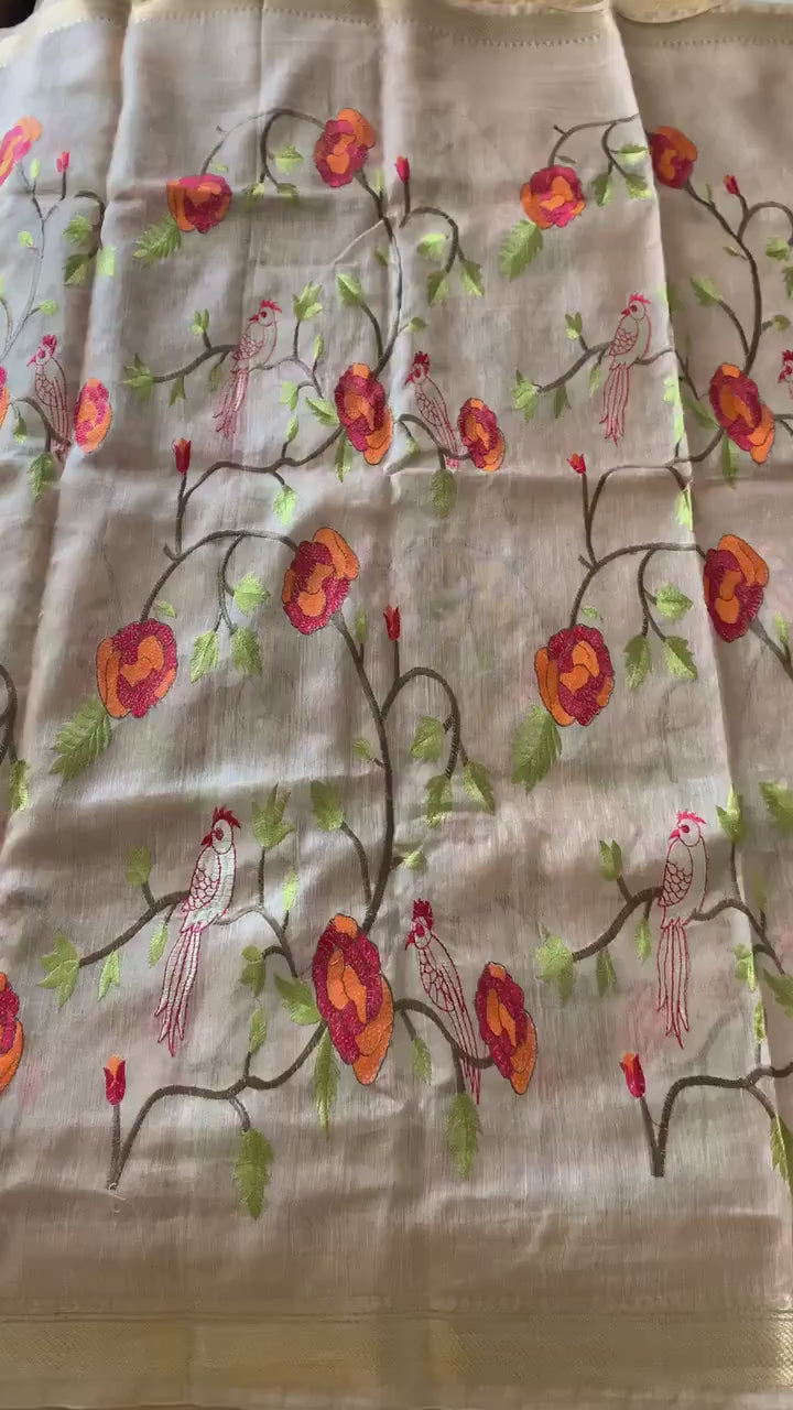 Wheat Cream Linen Silk Embroidered Saree