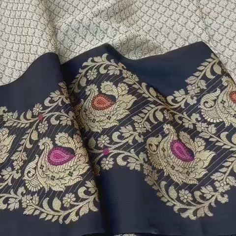 Beige Black Brocade Silk Saree Ready Made Blouse